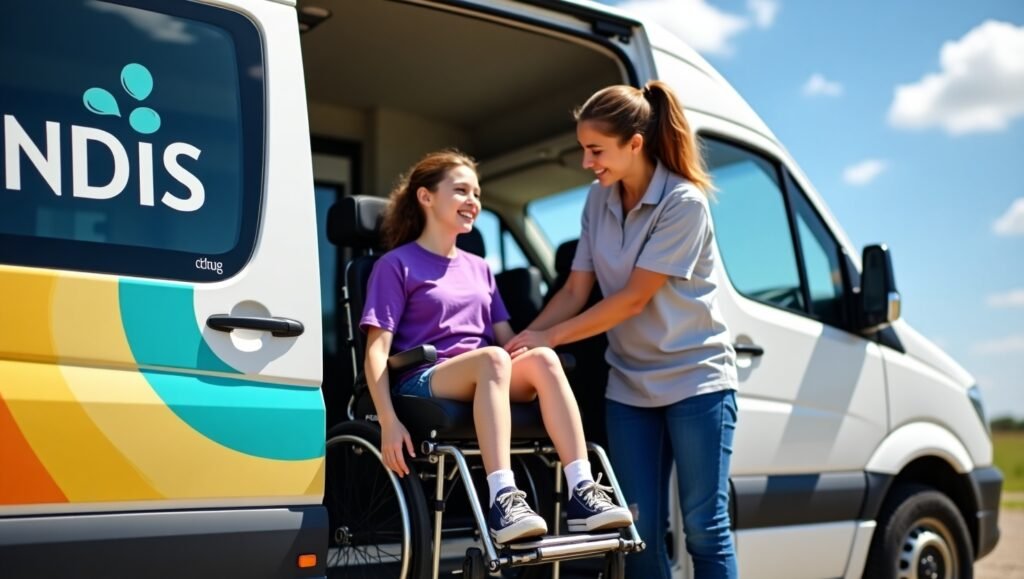 NDIS school transport: A caregiver helps a student in a wheelchair into a van.